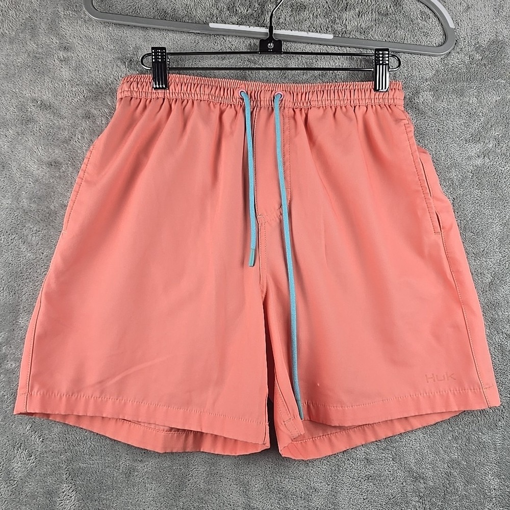 HUK Pursuit Volley Swim Trunks Mens Small Orange Stretch Performance Lined Flaw